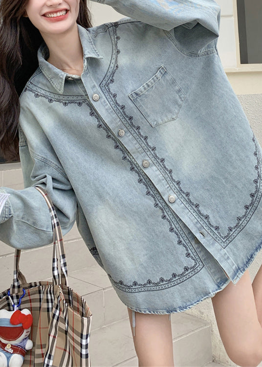 Loose Blue Embroidered Button Pockets Denim Coats Fall