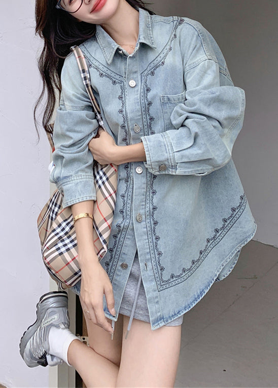 Loose Blue Embroidered Button Pockets Denim Coats Fall