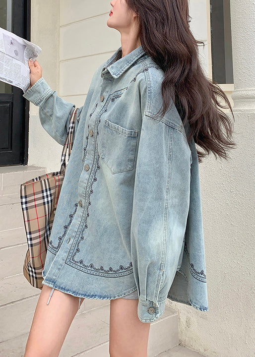 Loose Blue Embroidered Button Pockets Denim Coats Fall