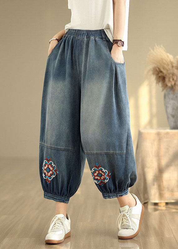 Loose Blue Embroidered Pockets Denim Crop Pants Summer