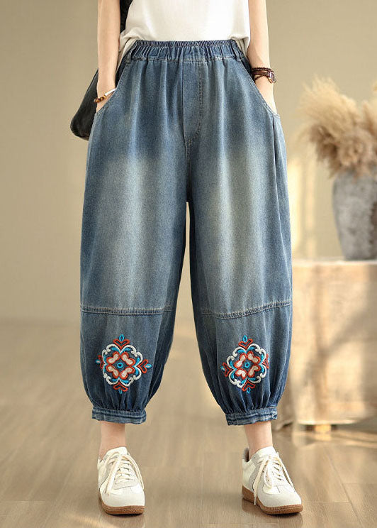 Loose Blue Embroidered Pockets Denim Crop Pants Summer