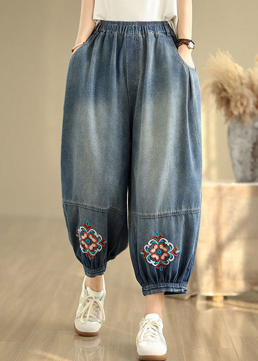 Loose Blue Embroidered Pockets Denim Crop Pants Summer