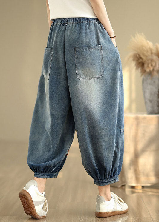 Loose Blue Embroidered Pockets Denim Crop Pants Summer
