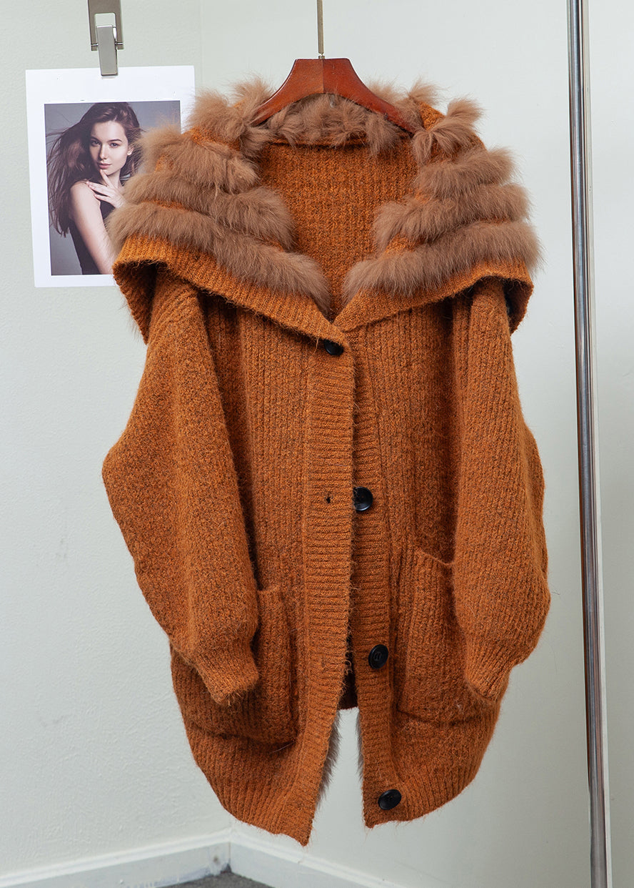 Loose Blue Fox Collar Button Pockets Patchwork Knit Coats Winter