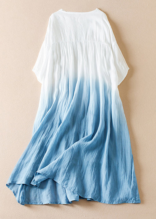 Loose Blue Gradient Color O Neck Cotton Dresses Half Sleeve