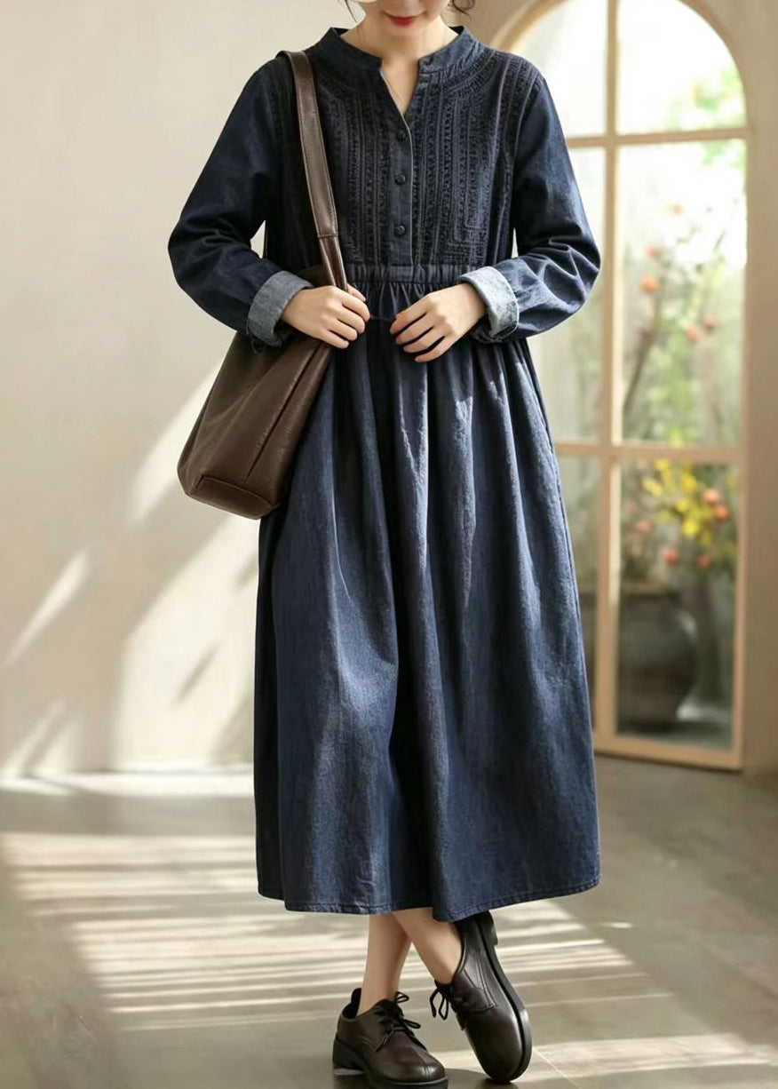 Loose Blue Half Placket Tie Waist Denim Long Dress Fall