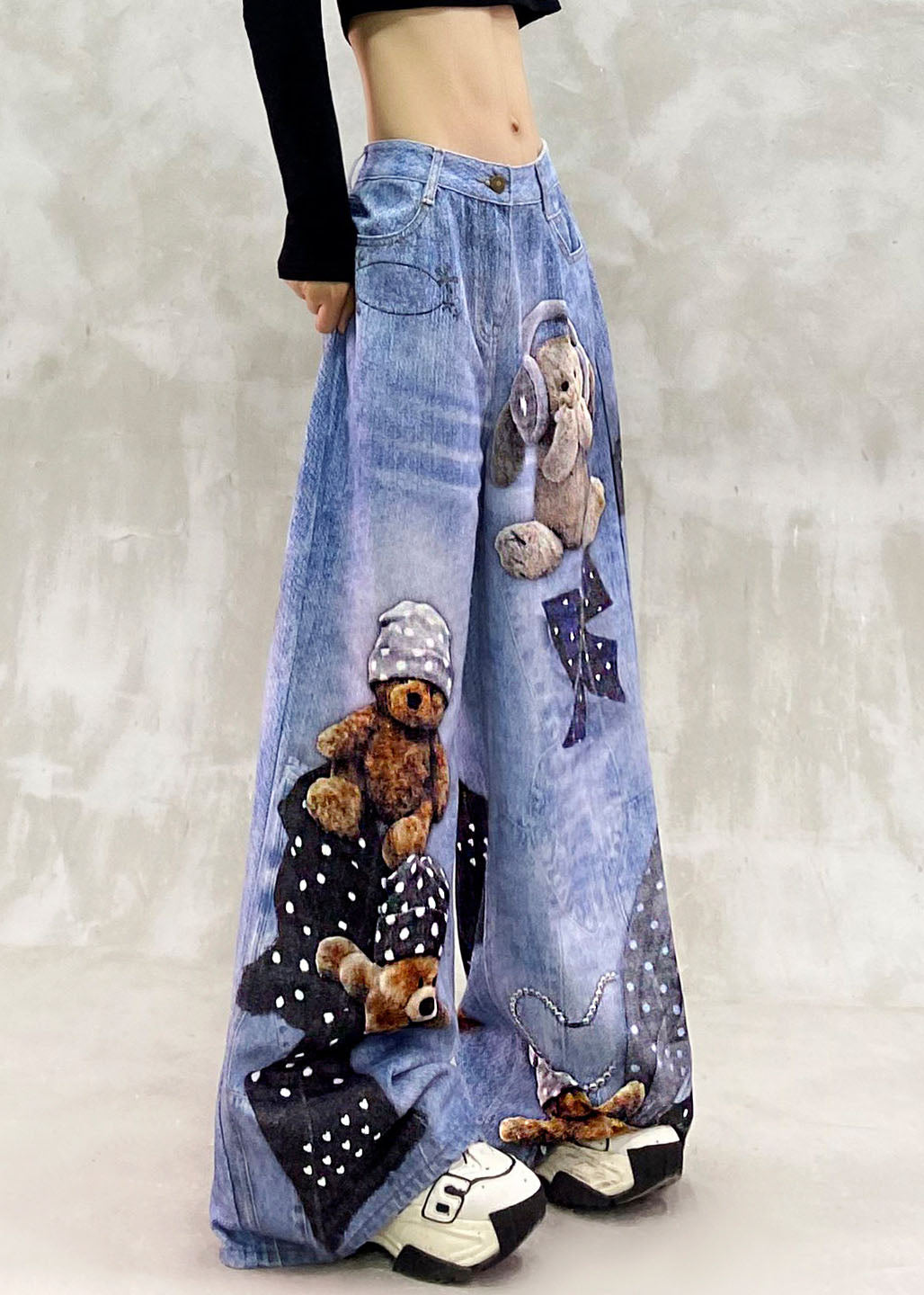 Loose Blue High Waist Print Draping Denim Wide Leg Pants Fall