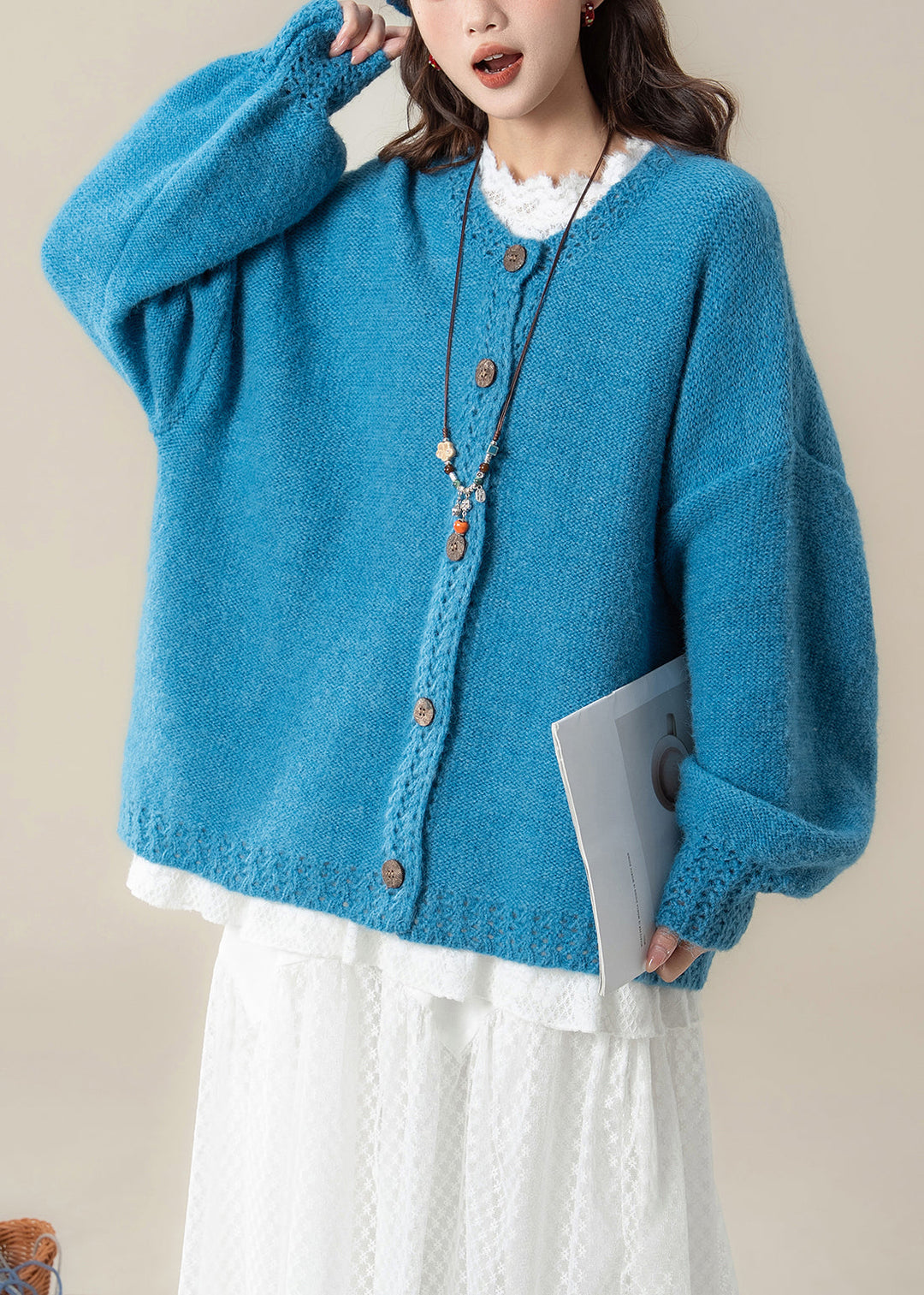 Loose Blue Hollow Out Button Cozy Knit Coats Spring