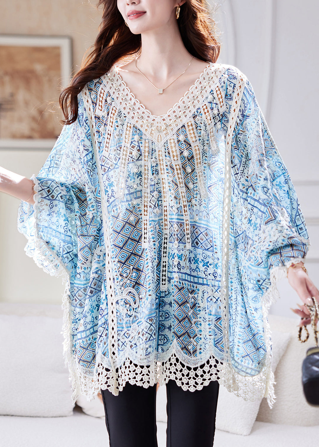 Loose Blue Hollow Out Patchwork Lace Tanks Batwing Sleeve