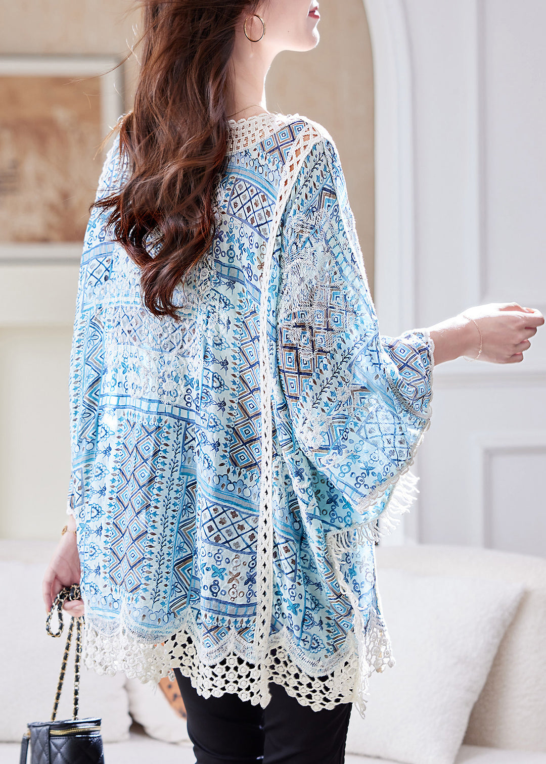 Loose Blue Hollow Out Patchwork Lace Tanks Batwing Sleeve
