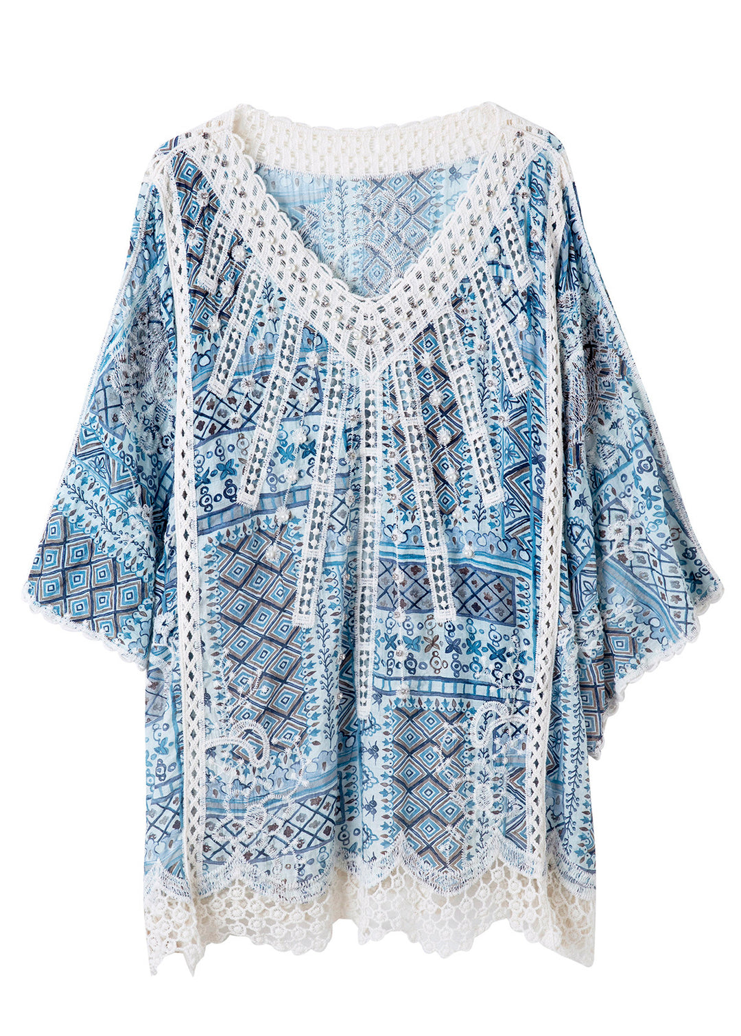 Loose Blue Hollow Out Patchwork Lace Tanks Batwing Sleeve