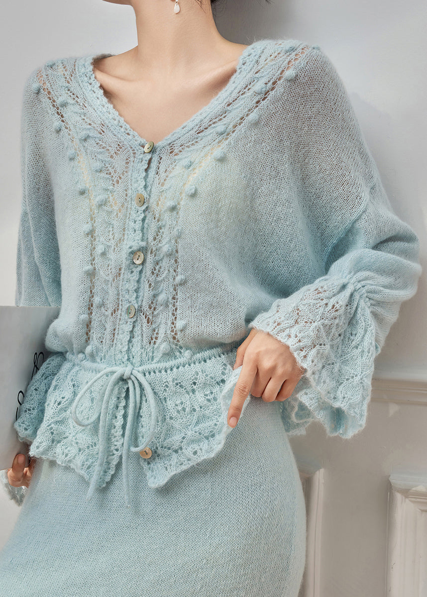 Loose Blue Hollow Out Tie Waist Knit Sweater Flare Sleeve