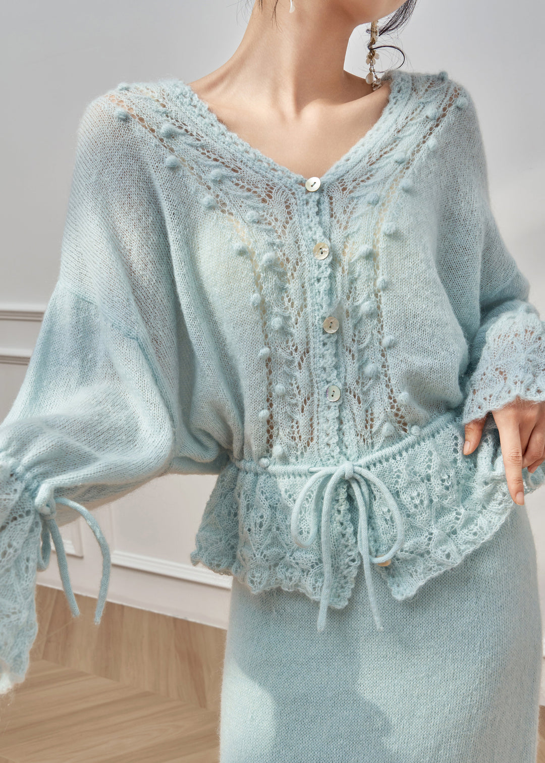 Loose Blue Hollow Out Tie Waist Knit Sweater Flare Sleeve