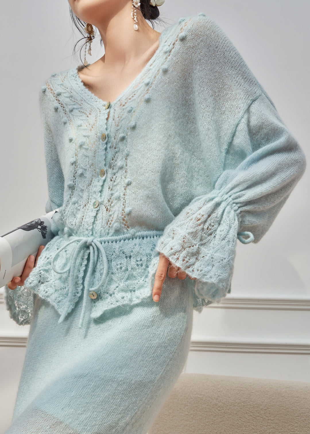 Loose Blue Hollow Out Tie Waist Knit Sweater Flare Sleeve