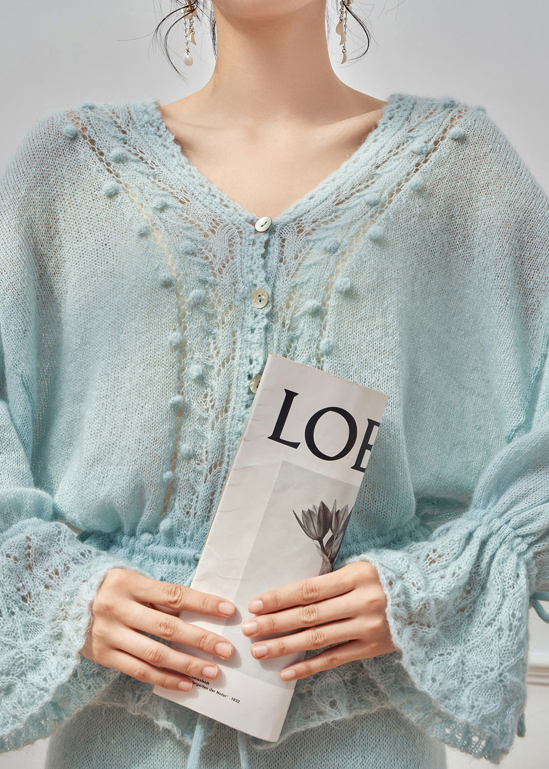 Loose Blue Hollow Out Tie Waist Knit Sweater Flare Sleeve