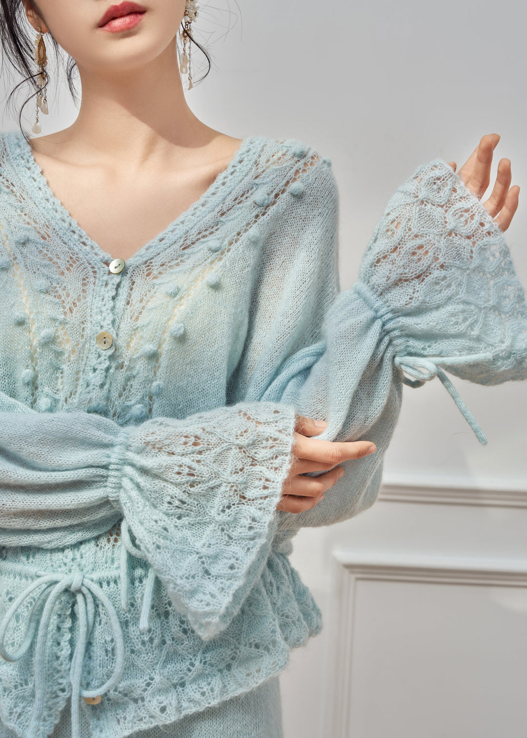 Loose Blue Hollow Out Tie Waist Knit Sweater Flare Sleeve