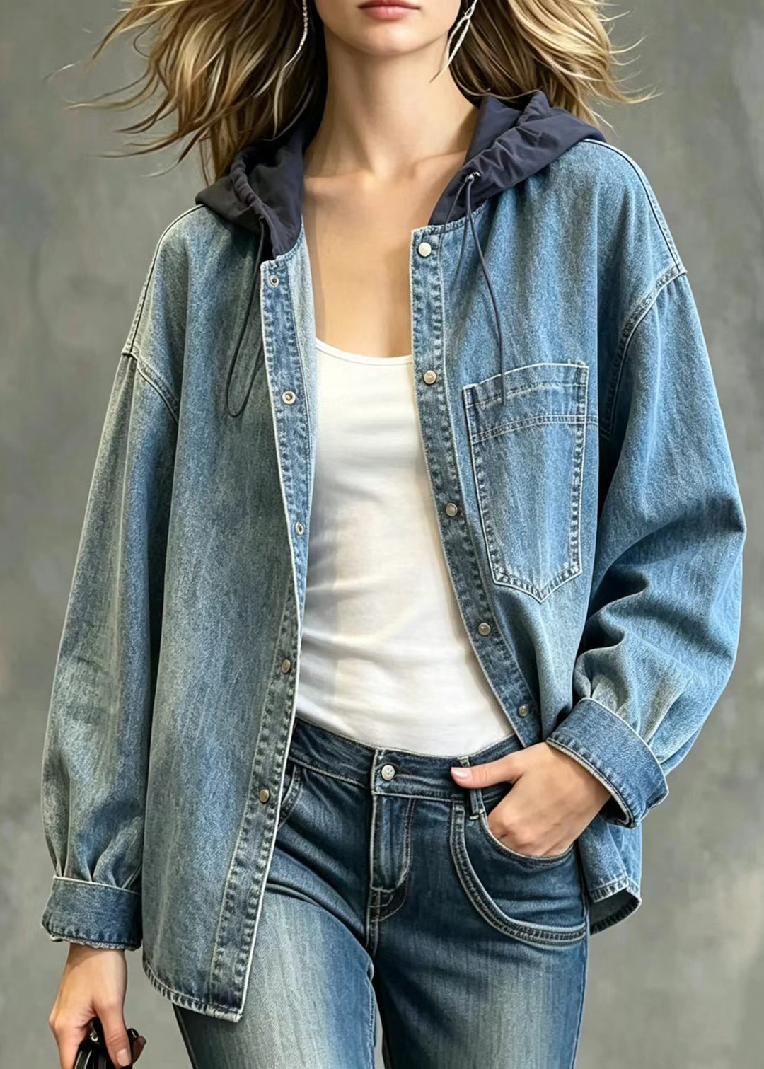 Loose Blue Hooded Patchwork Drawstring Denim Coat Fall