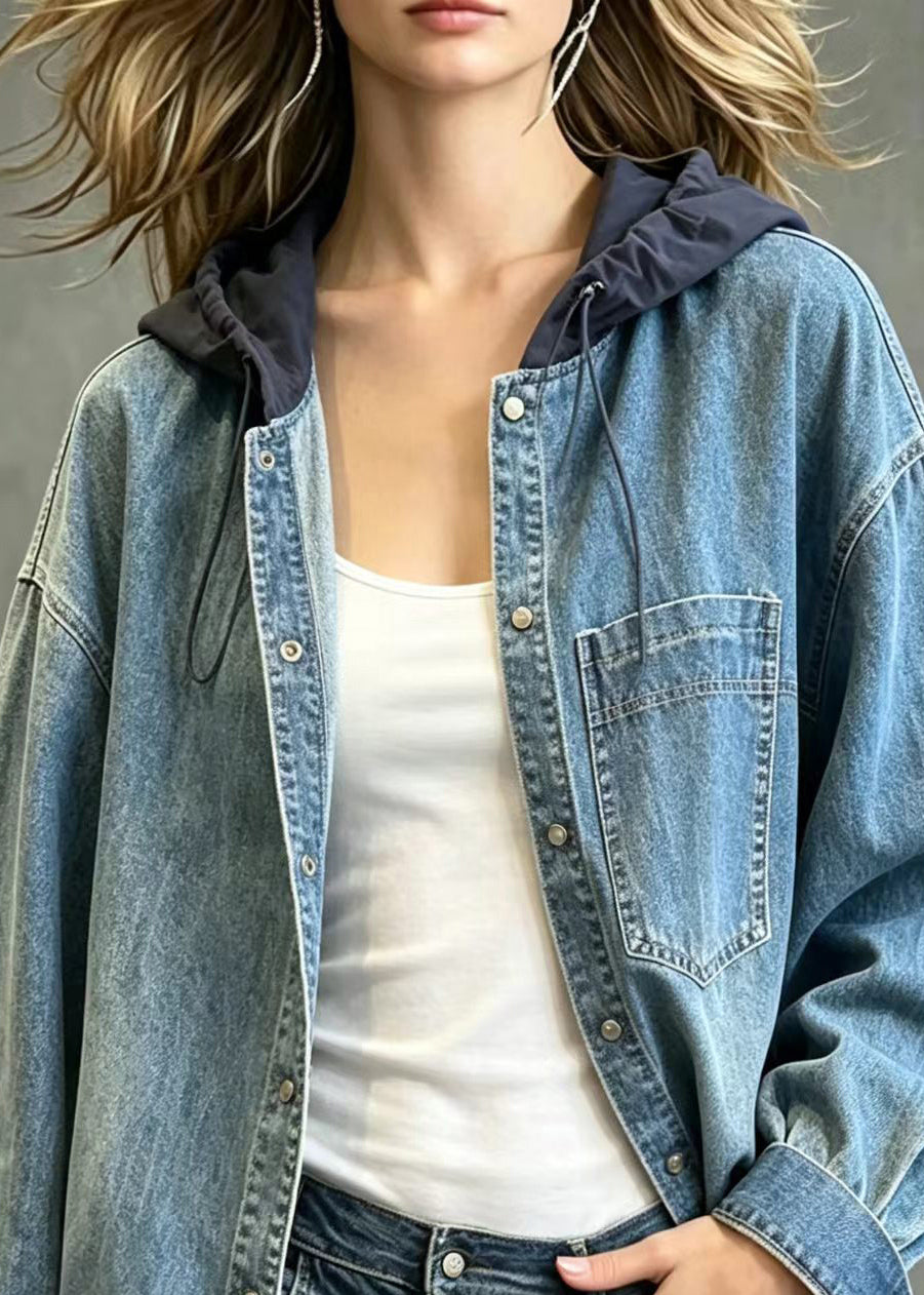 Loose Blue Hooded Patchwork Drawstring Denim Coat Fall