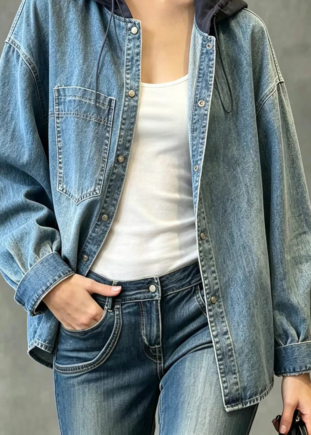 Loose Blue Hooded Patchwork Drawstring Denim Coat Fall