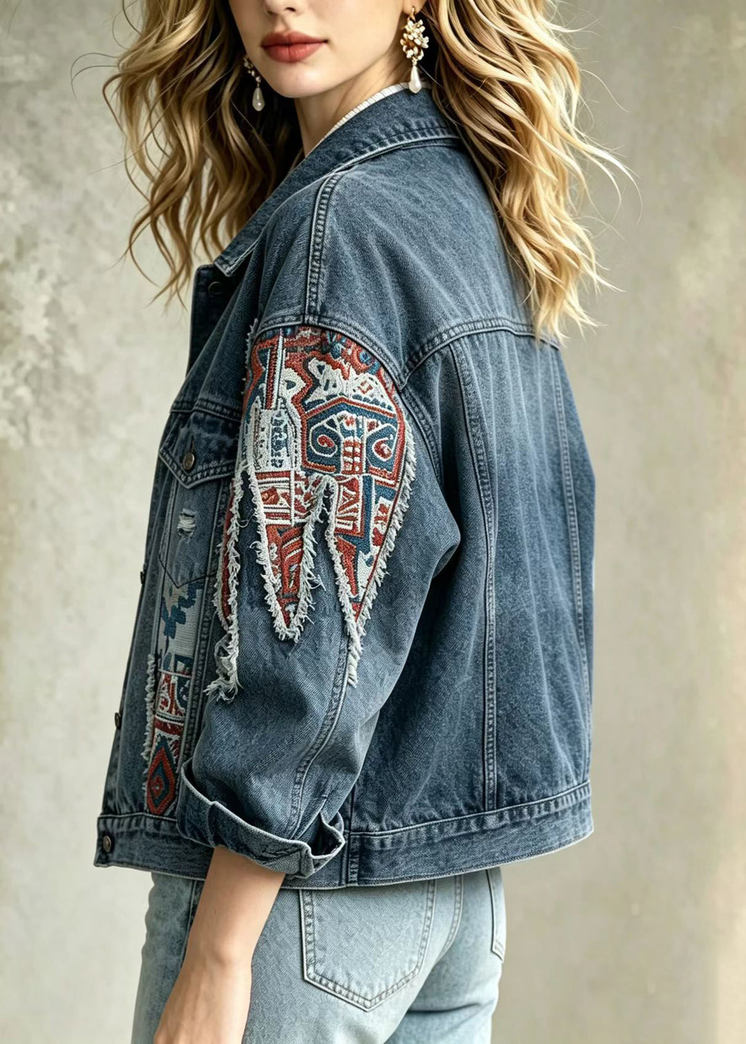 Loose Blue Jacquard Patchwork Denim Jacket Fall