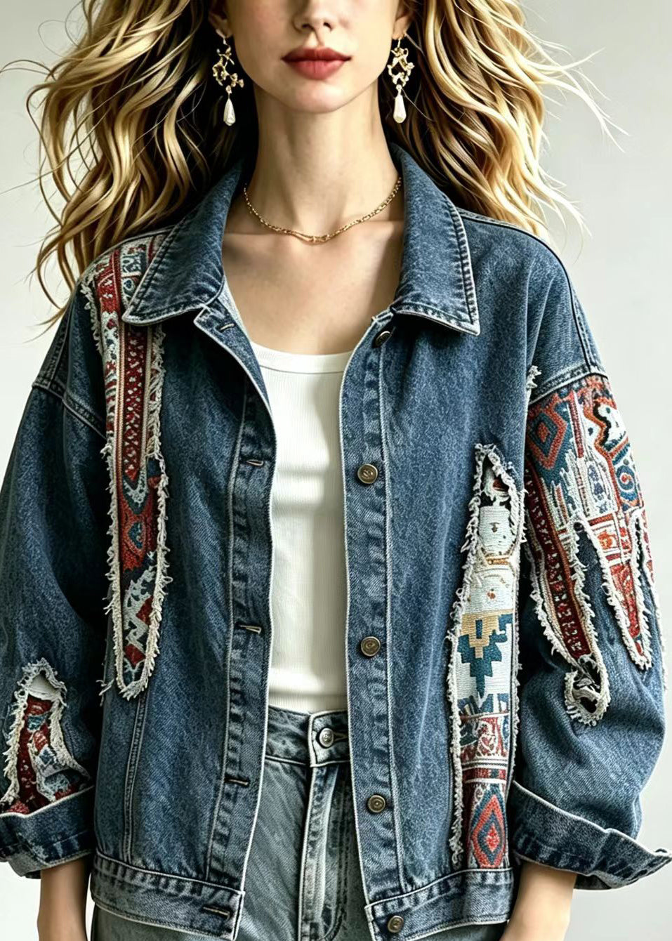 Loose Blue Jacquard Patchwork Denim Jacket Fall