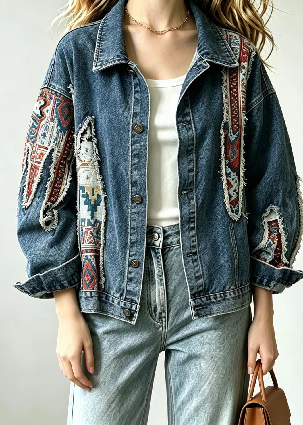 Loose Blue Jacquard Patchwork Denim Jacket Fall