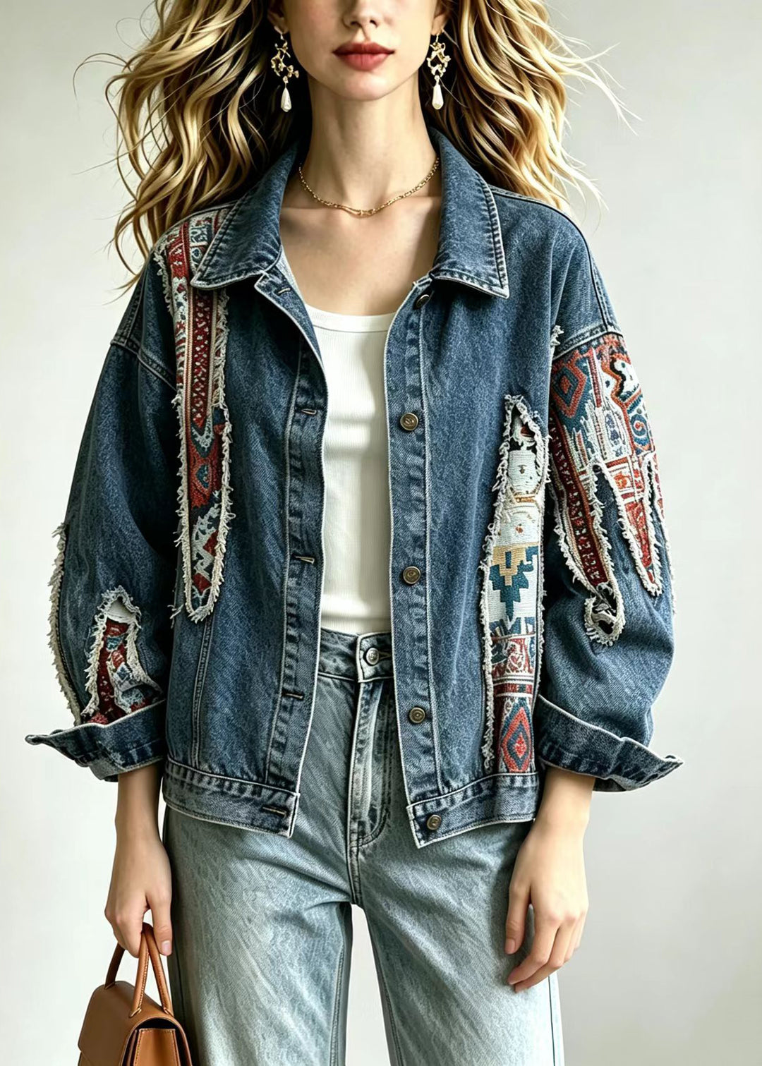 Loose Blue Jacquard Patchwork Denim Jacket Fall