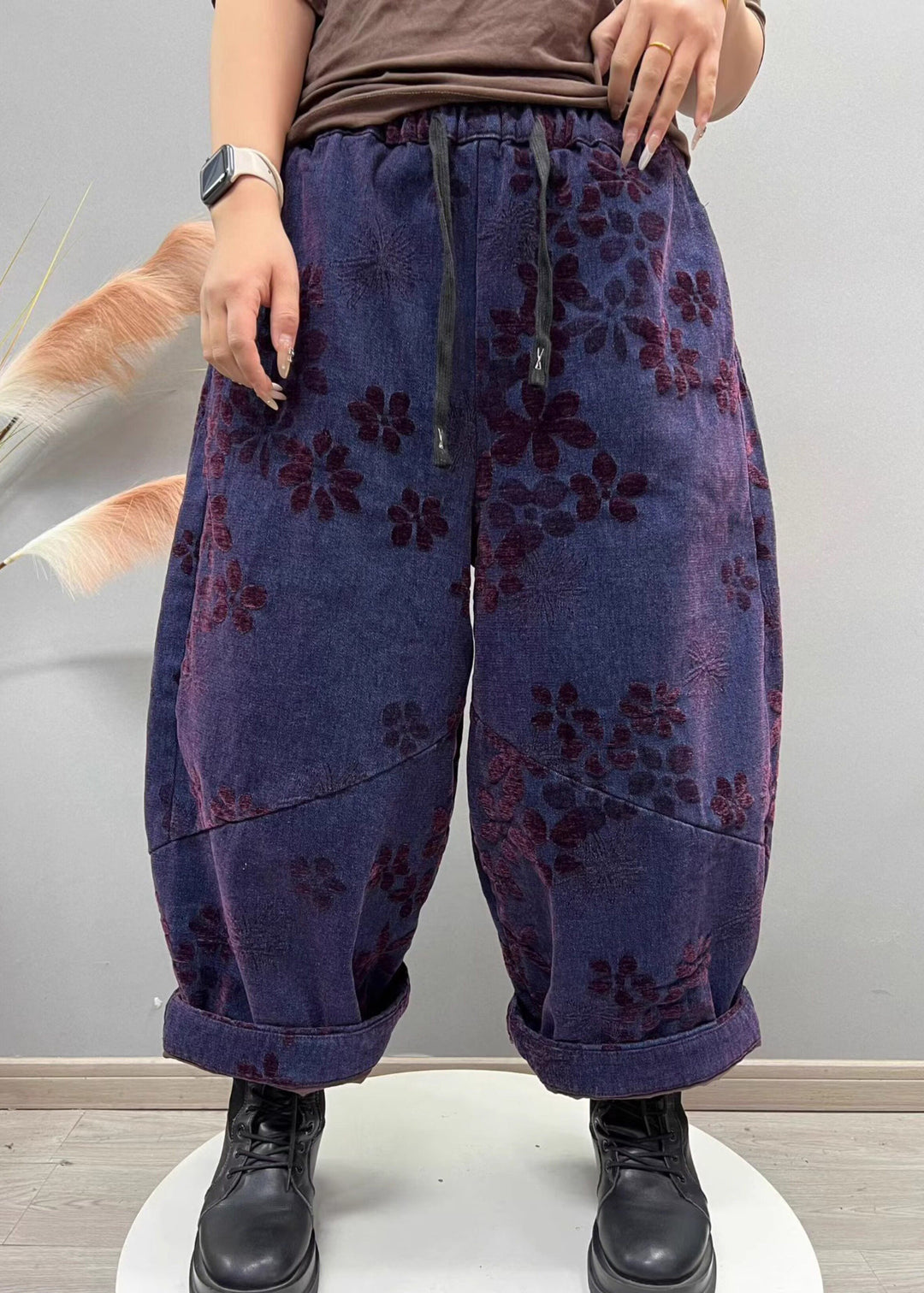 Loose Blue Jacquard Pockets Elastic Waist Denim Crop Pants Fall