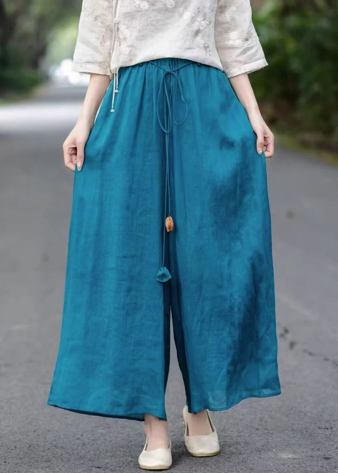 Loose Blue Lace Up Elastic Waist Cotton Wide Leg Pants Summer