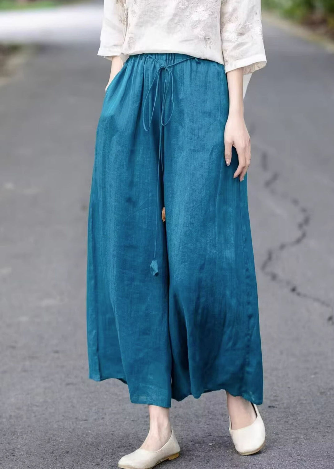Loose Blue Lace Up Elastic Waist Cotton Wide Leg Pants Summer