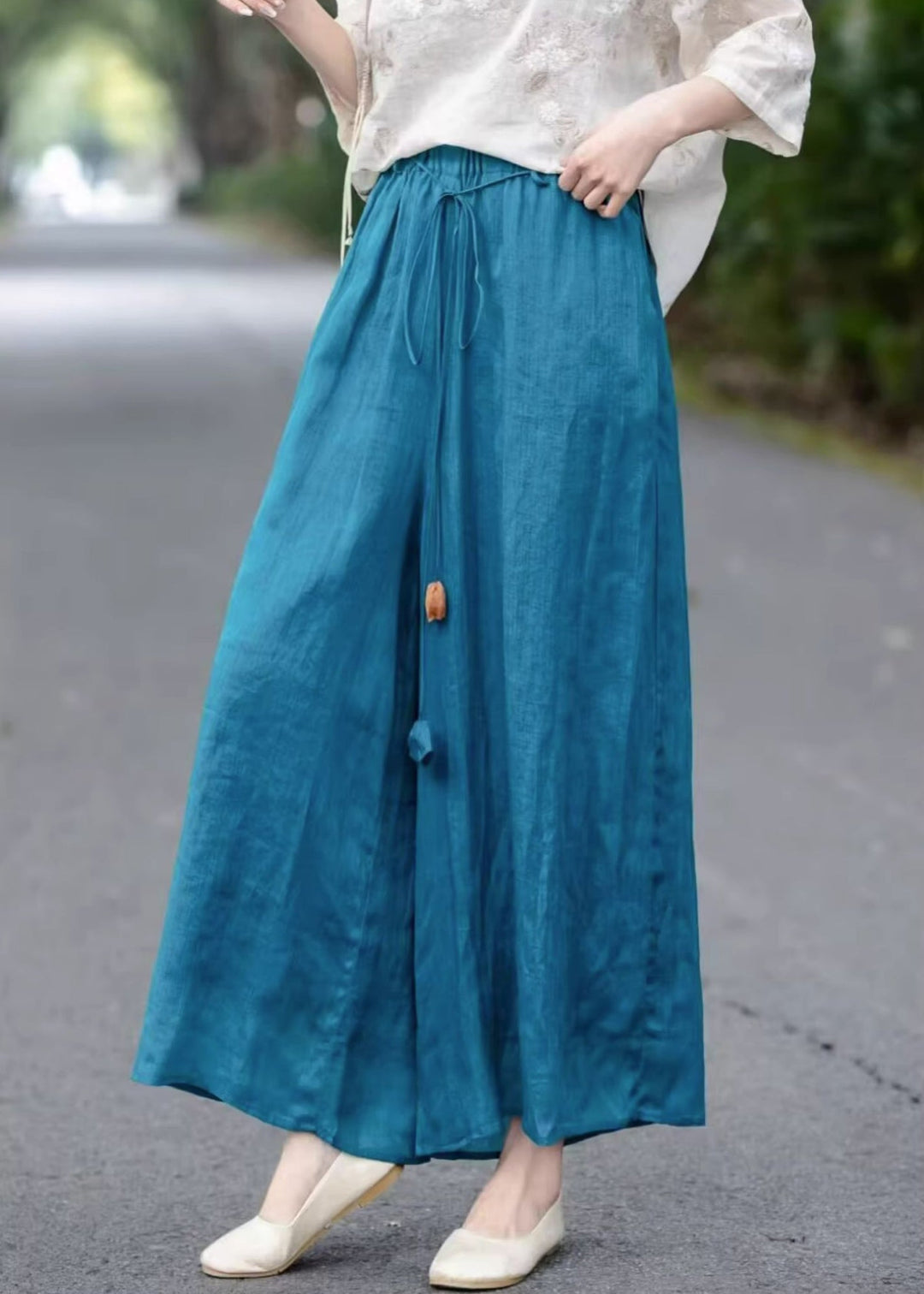 Loose Blue Lace Up Elastic Waist Cotton Wide Leg Pants Summer