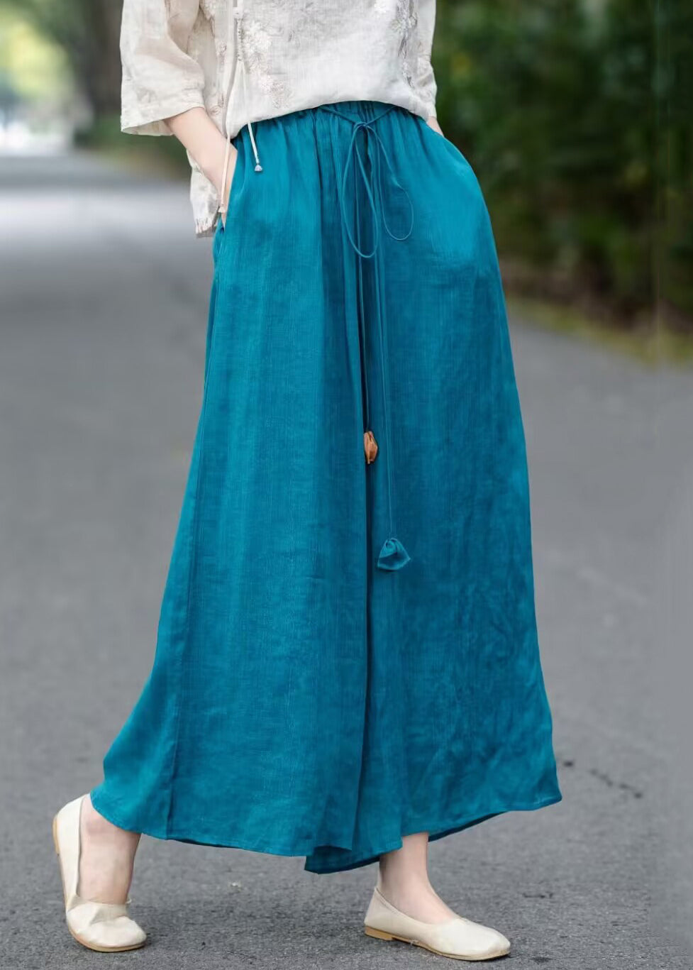 Loose Blue Lace Up Elastic Waist Cotton Wide Leg Pants Summer