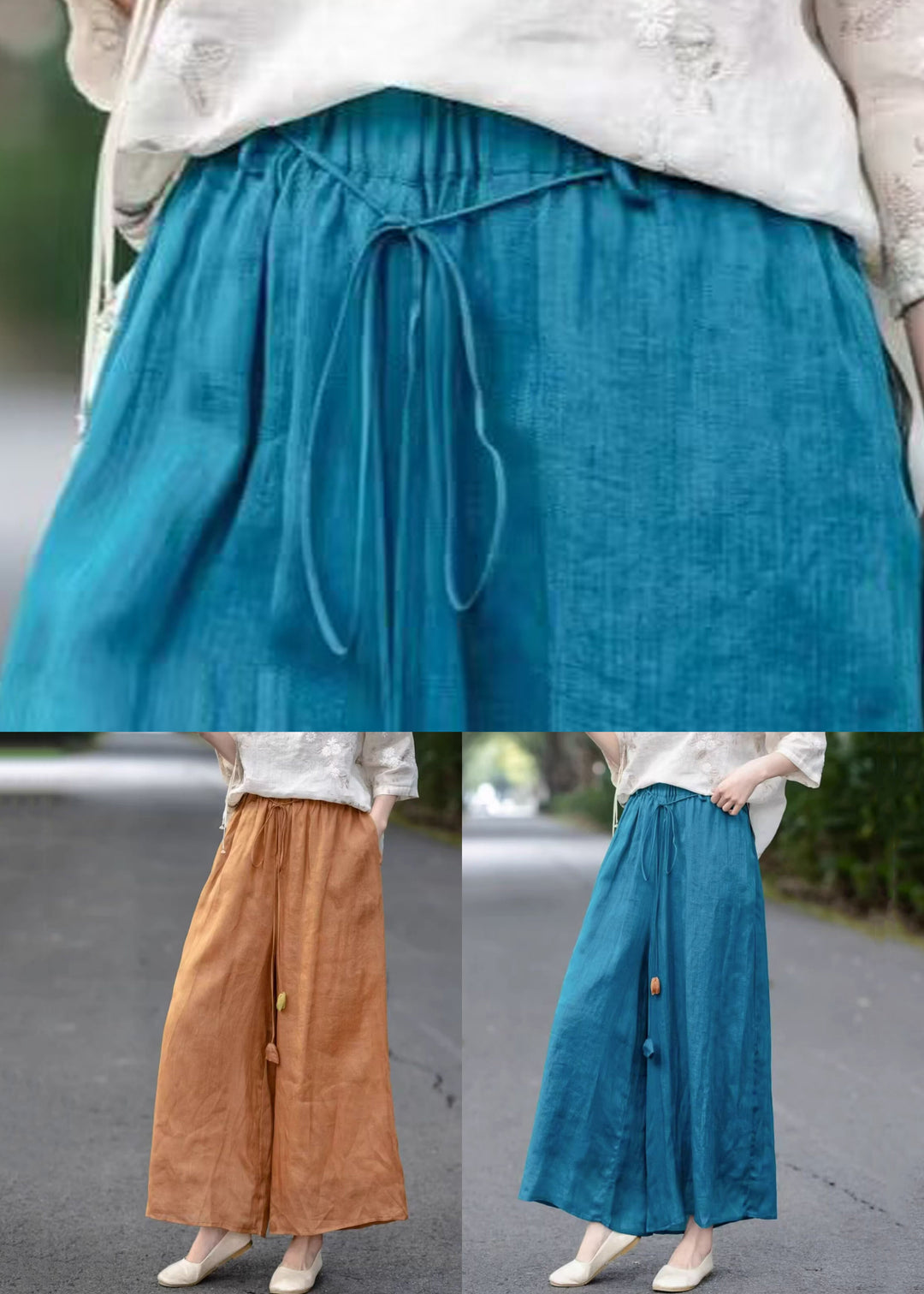 Loose Blue Lace Up Elastic Waist Cotton Wide Leg Pants Summer