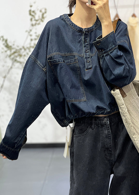 Loose Blue O-Neck Button Pockets Denim Shirt Fall