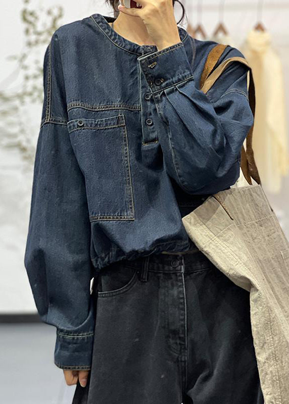 Loose Blue O-Neck Button Pockets Denim Shirt Fall