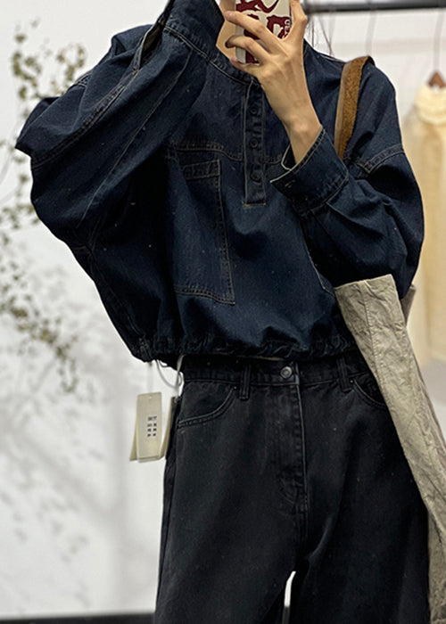 Loose Blue O-Neck Button Pockets Denim Shirt Fall