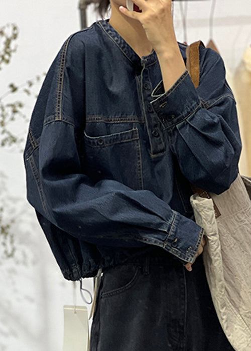 Loose Blue O-Neck Button Pockets Denim Shirt Fall