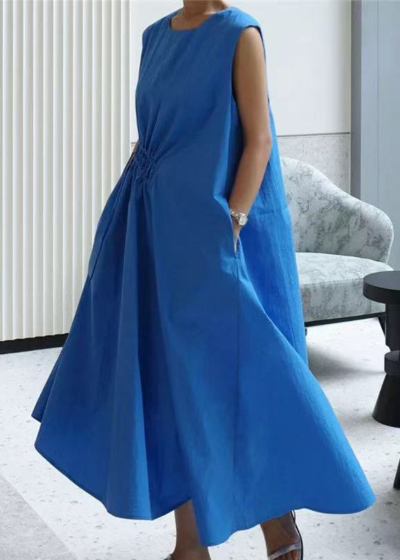 Loose Blue O-Neck Drawstring Cotton Long Dress Sleeveless