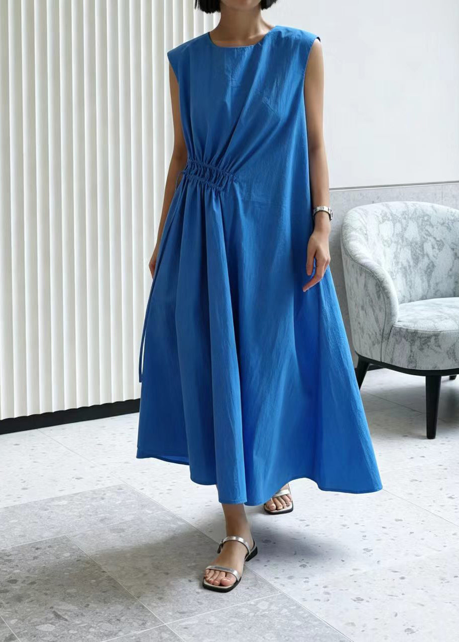 Loose Blue O-Neck Drawstring Cotton Long Dress Sleeveless