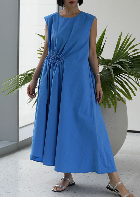 Loose Blue O-Neck Drawstring Cotton Long Dress Sleeveless