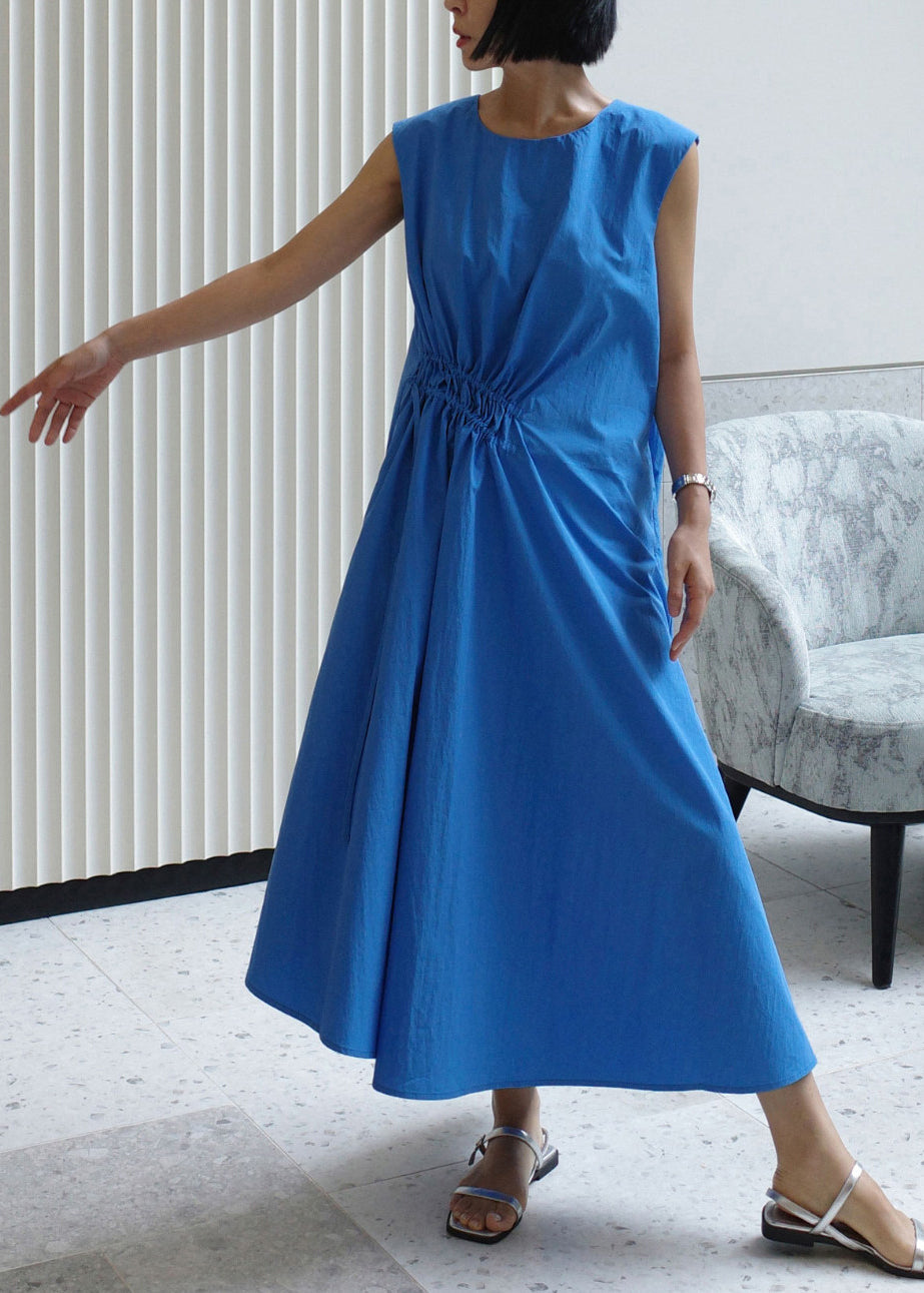 Loose Blue O-Neck Drawstring Cotton Long Dress Sleeveless