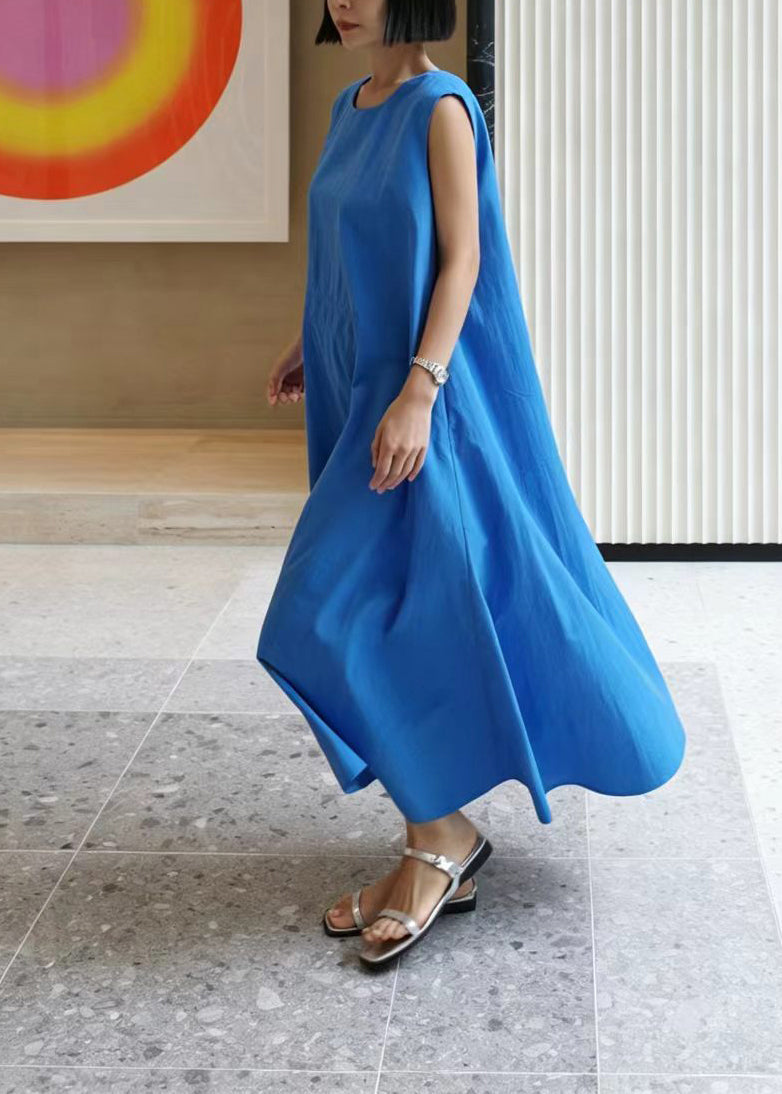 Loose Blue O-Neck Drawstring Cotton Long Dress Sleeveless