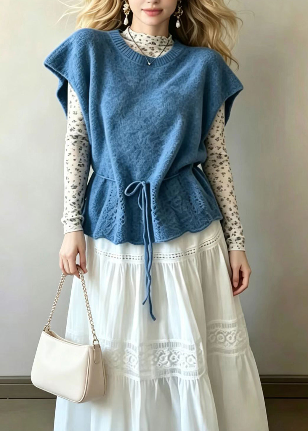 Loose Blue O-Neck Drawstring Knit Vest Sleeveless