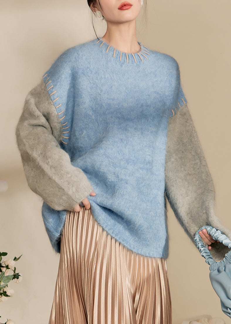 Loose Blue O-Neck Patchwork Thick Cotton Knit Sweaters Winter