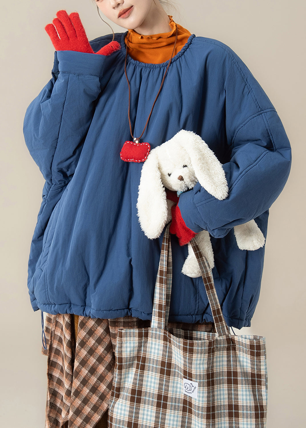 Loose Blue O Neck Pockets Drawstring Cotton Filled Parka Winter