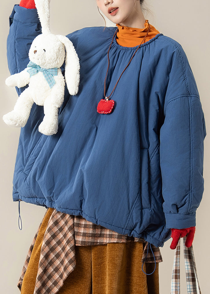 Loose Blue O Neck Pockets Drawstring Cotton Filled Parka Winter