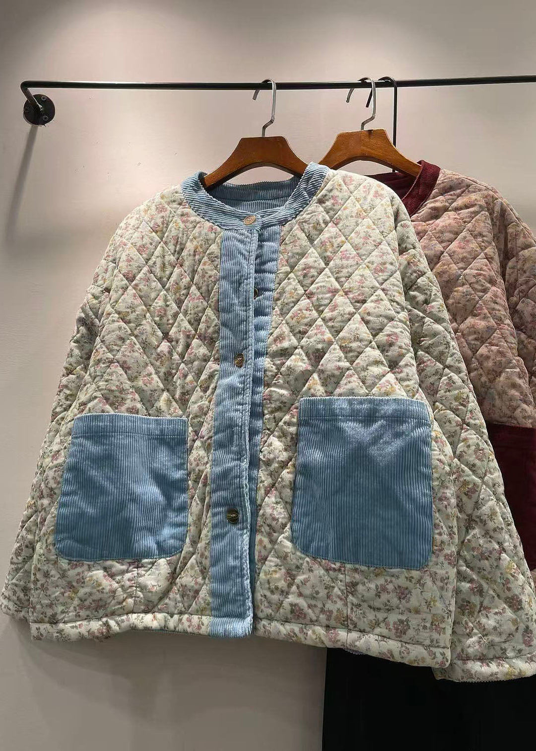 Loose Blue O Neck Pockets Print Fine Cotton Filled Jackets Winter