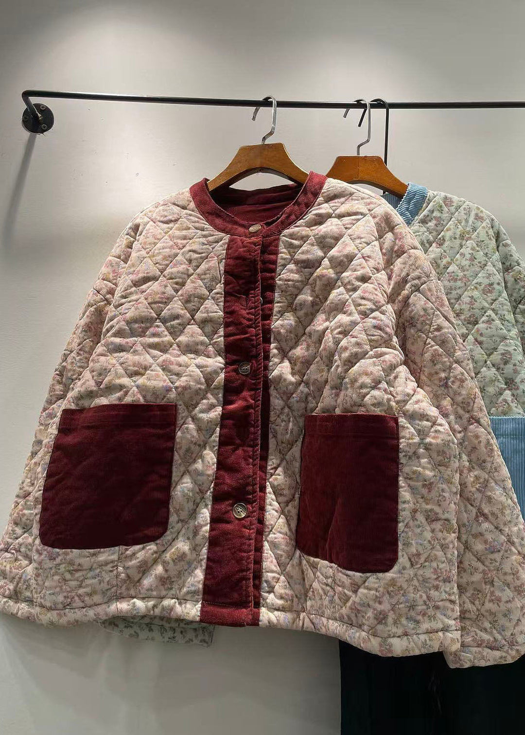 Loose Blue O Neck Pockets Print Fine Cotton Filled Jackets Winter