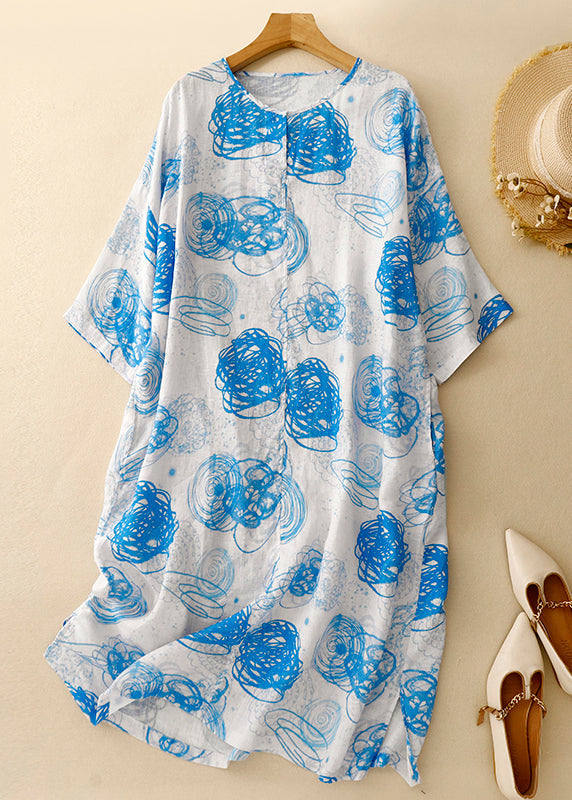 Loose Blue O Neck Print Side Open Cotton Dress Half Sleeve