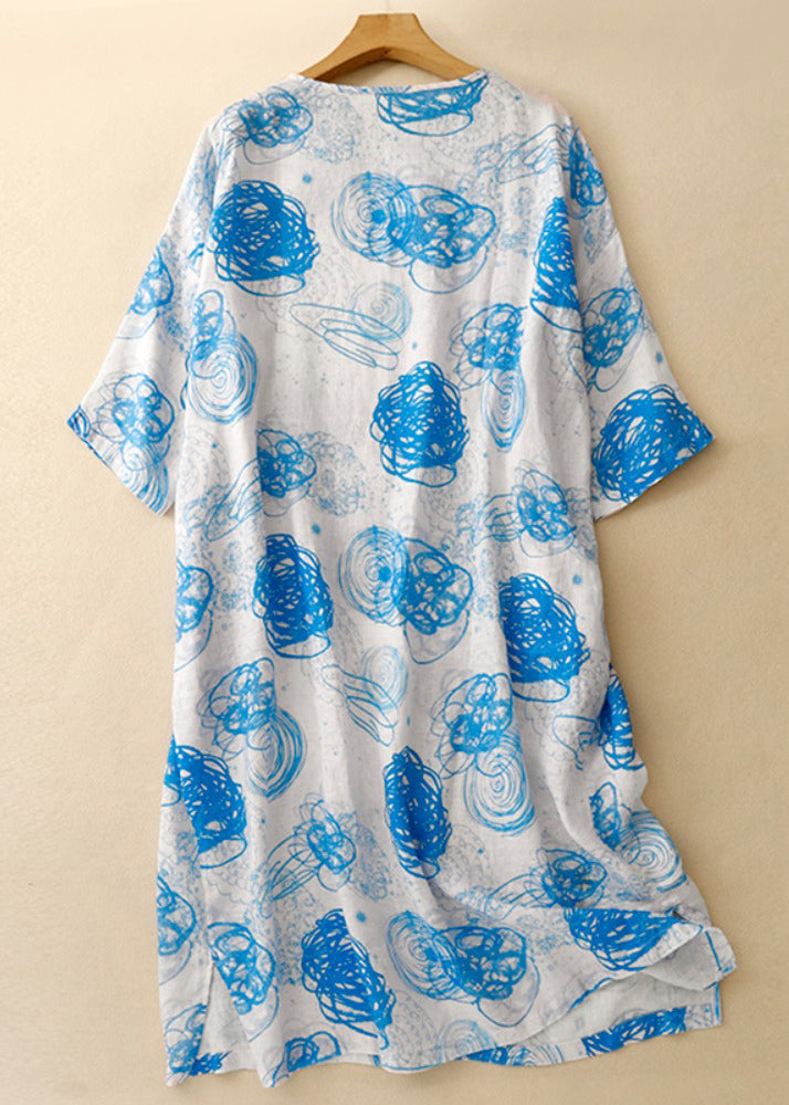 Loose Blue O Neck Print Side Open Cotton Dress Half Sleeve